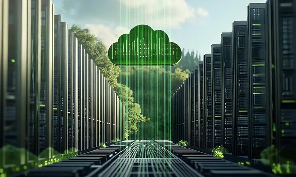 A green cloud icon floating above rows of black data center wires and hard drives, surrounded by small glowing digital clouds.