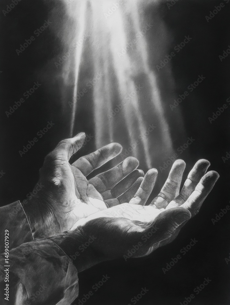 Poster Pencil Drawing of Open Hands Catching Light in Chiaroscuro Style With Intricate Details Showcasing Shadows and Highlights Generative AI
