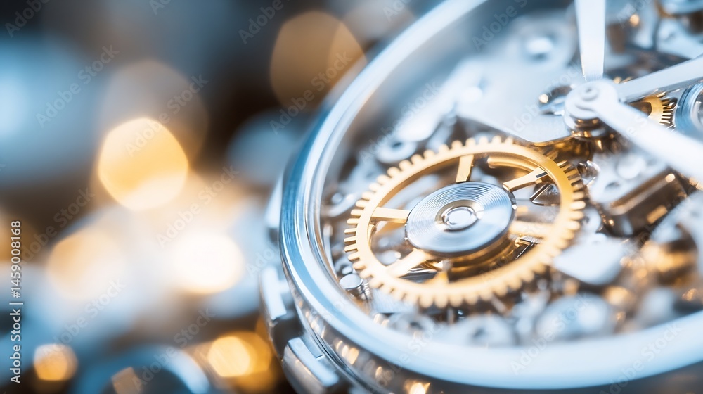 Poster close-up view of intricate gold and silver gears inside a luxury watch mechanism, bokeh background, 