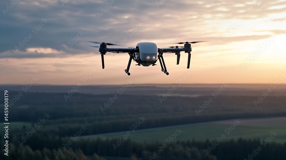 Poster drone flight at sunset over a tranquil landscape, showcasing the aircraft's sleek design and advance