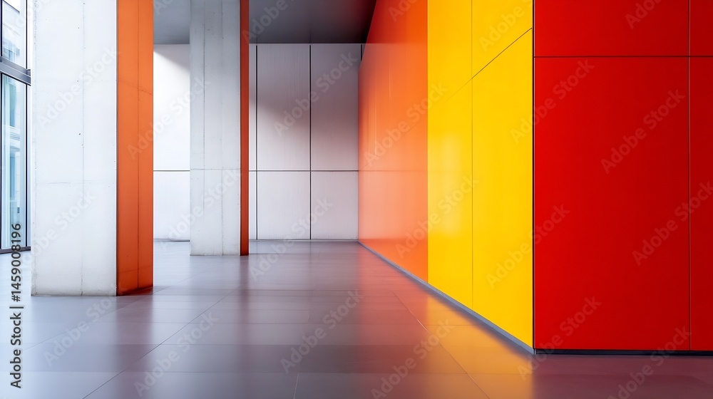 Poster modern architecture interior with orange, yellow, and red wall panels, and grey floor tiles. clean l