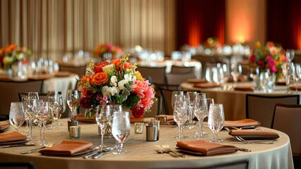A vibrant wedding table setup with neutral linens and subtle floral centerpieces. digital