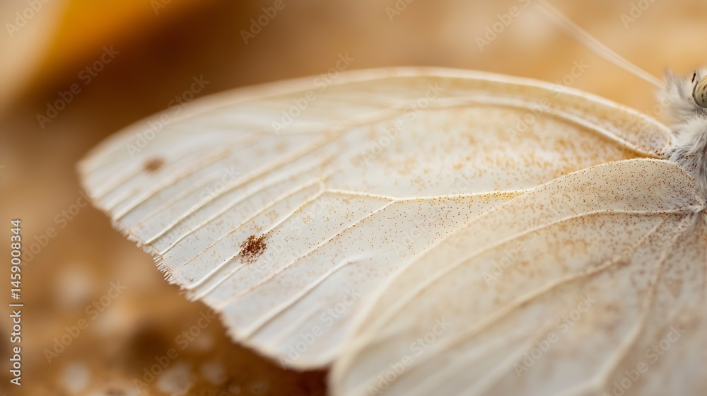 Aufkleber Close-up view of a delicate white butterfly wing, showcasing intricate vein patterns and subtle brown dust particles. The soft, warm background enhances the wing's texture and fragilit : Generative AI