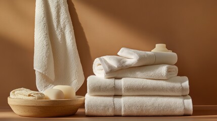 Soft white towels stacked neatly on a beige background with a bowl of soap