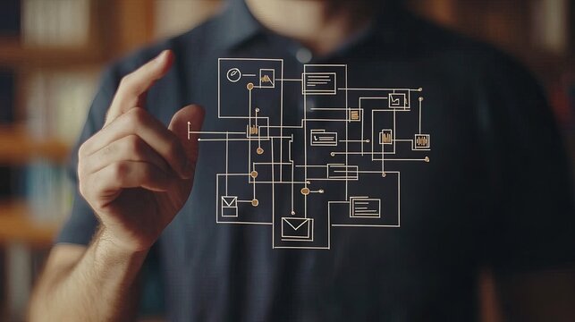 Man interacting with a digital interface, visualizing network and data flow