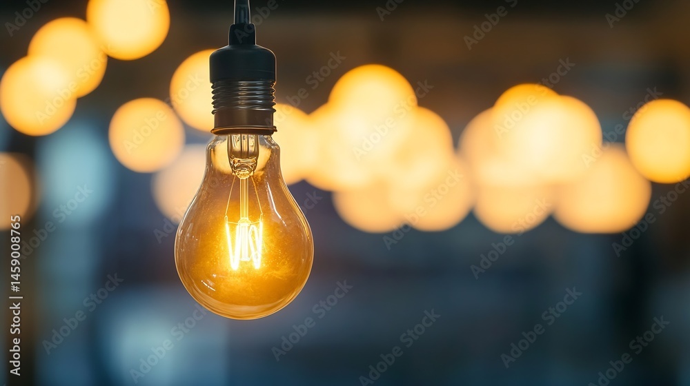 Fototapete close-up of a glowing vintage lightbulb hanging against a bokeh background of warm-toned lights, cre