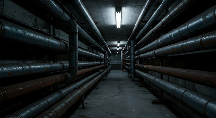 Industrial Pipeline Corridor Underground Infrastructure Utility Pipes Metal Plumbing Network System Dark Tunnel Passage Steel