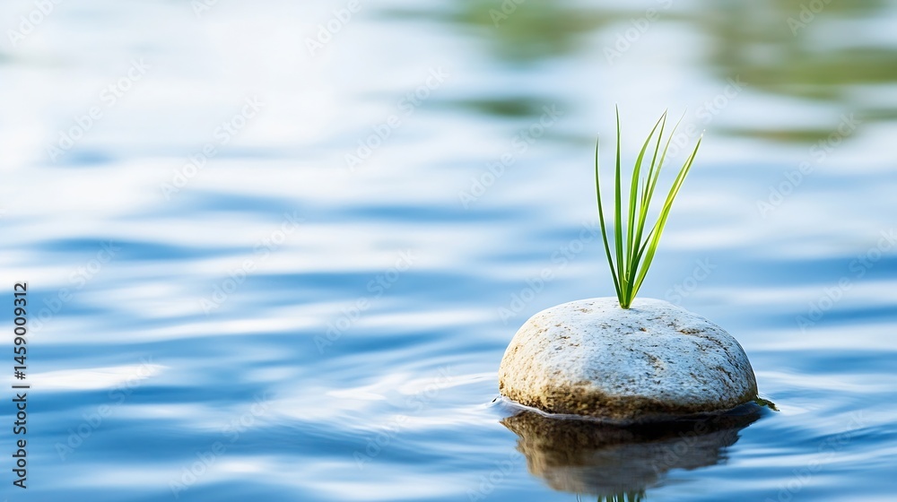 Poster serene scene of a single blade of grass sprouting from a smooth, grey stone resting gently on calm b
