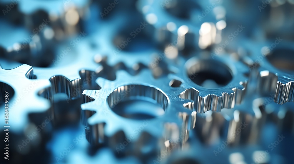 Poster close-up view of intricate metallic gears, showcasing precision engineering and complex machinery. t