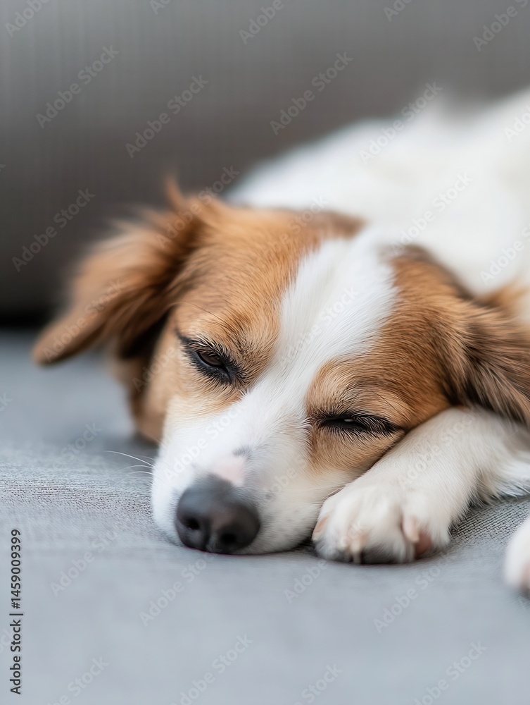 Poster close-up portrait of a sleeping kooikerhondje dog resting its head on a gray couch, showcasing its s