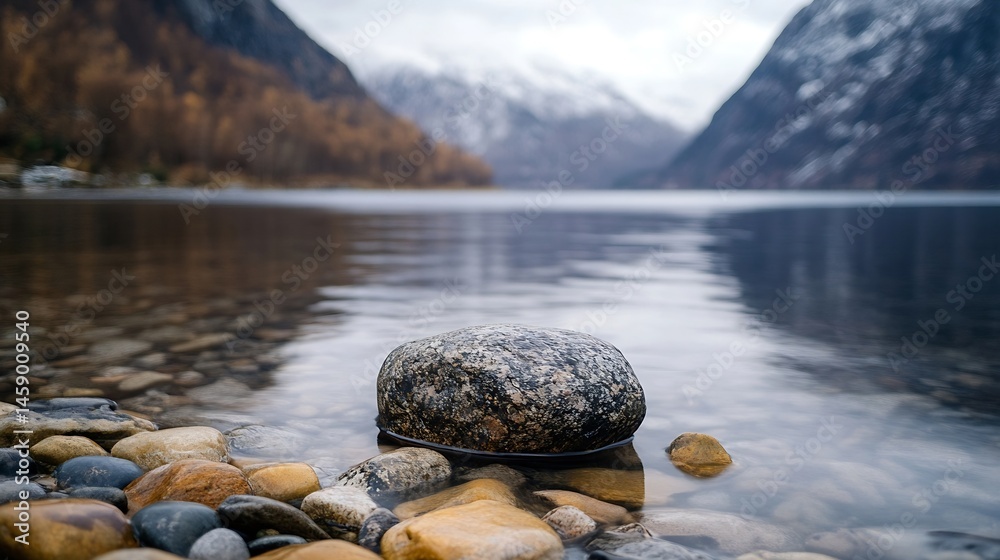 Aufkleber single grey stone rests in calm lake water, surrounded by smaller pebbles; mountains and trees softl