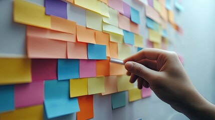 Brainstorming session depicted with colorful sticky notes and human hand