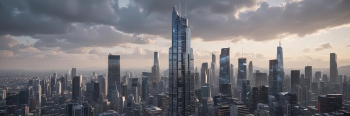 Fototapeta premium Sleek glass skyscraper rising, city skyline backdrop, design, light