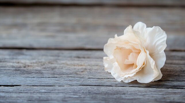 Single off-white artificial rose resting on weathered gray wooden planks, creating a serene and minimalist still life image. : Generative AI - Powered by Adobe