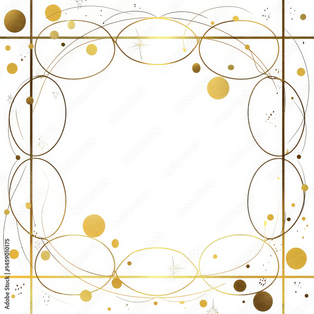 Poster Elegant gold frame with abstract circles and dots, perfect for invitations or luxury branding.  A minimalist design with a touch of sparkle.