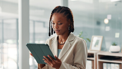 Office, black woman and research with tablet for website, digital agency and connection for email....