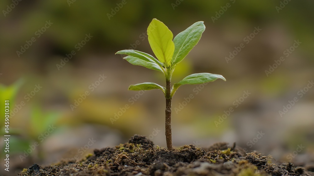 Poster a small green seedling emerges from dark soil, its vibrant leaves reaching towards the soft sunlight