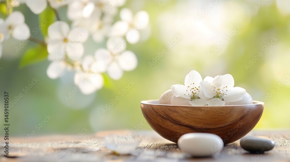 Poster serene spring scene: white blossoms nestled in a wooden bowl with smooth stones, set against a soft 
