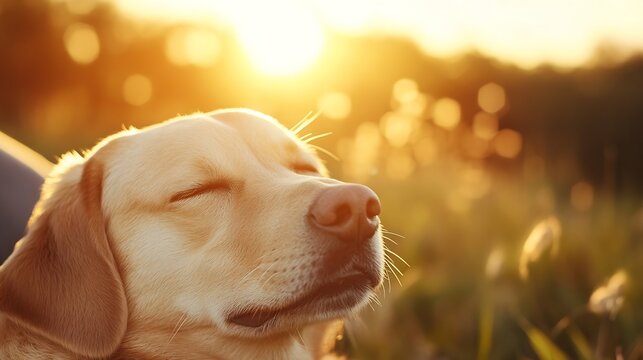 Golden retriever dog relaxing in sunset, eyes closed, peaceful expression, enjoying warm sunlight, summer evening, nature scene. : Generative AI