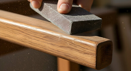 Skilled craftsman meticulously sands wood furniture restoration DIY home improvement woodworking carpentry sandpapering smooth surface