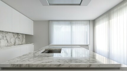 Fototapeta premium Modern, minimalist kitchen interior with marble countertops.