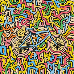 Stylized Bicycle Illustration On A Vibrant Colorful Abstract Background With Playful Doodles