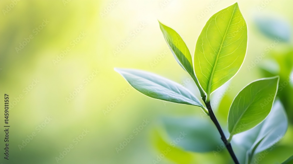Poster close-up of vibrant green leaves on a branch, bathed in soft sunlight, creating a serene and peacefu