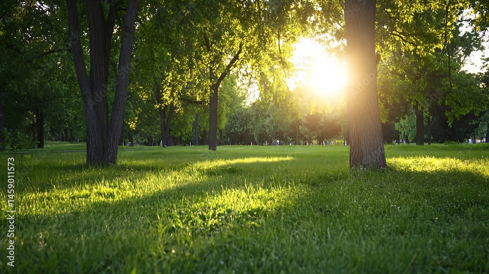 Leinwandbilder sunset illuminates a lush green park, sunlight filtering through the leaves of tall trees casting sh