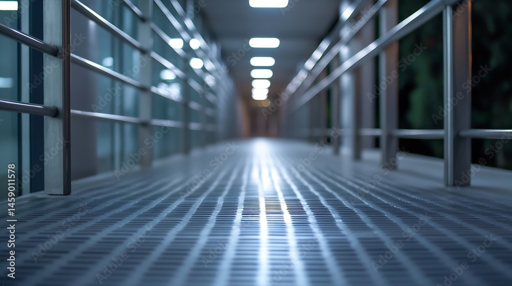 Poster modern office hallway with steel railings and perforated metal floor, illuminated by bright ceiling 