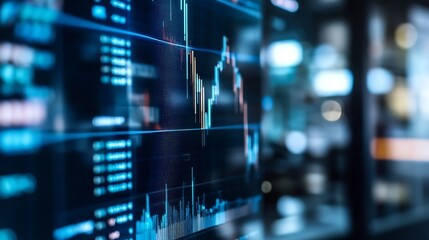 Close-up view of a digital screen displaying dynamic stock market data, showing candlestick charts and numerical data streams in shades of blue and orange. : Generative AI