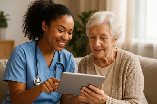 Healthcare professional assisting senior.