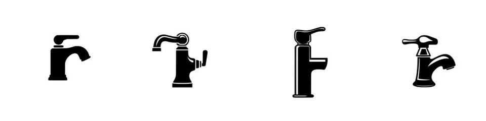 Collection of flat black faucet icons displaying various designs and styles for plumbing applications