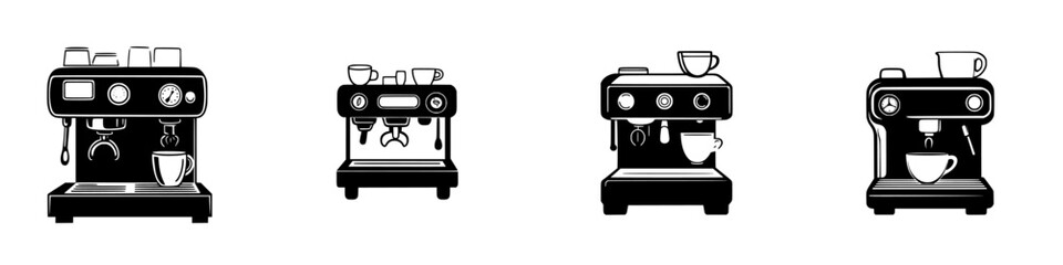 Flat black icons depicting various coffee machines for brewing espresso and coffee drinks at home or cafes
