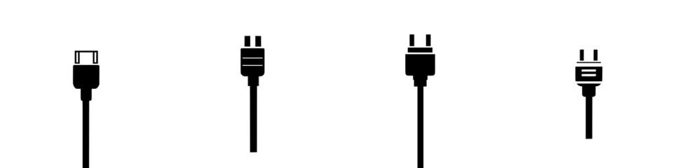Icon set of flat black electrical connectors showing USB and power plug designs for digital use
