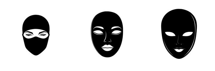 Black flat icons representing different facial expressions and styles of masks for creative design use