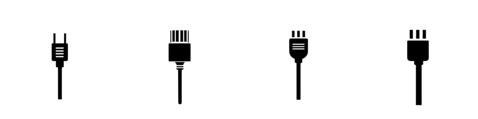 Different types of flat black electrical connector icons displayed in a minimalistic design