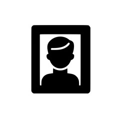 Black flat icon of a person inside a frame representing profile picture or user image for digital applications and websites
