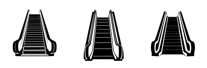 Flat black icons showcasing three different escalators in various positions and angles