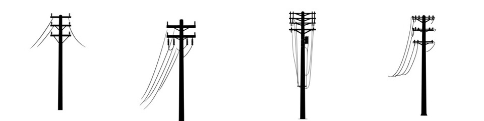 Flat black icons of various styles of utility poles with power lines depicted on a plain background