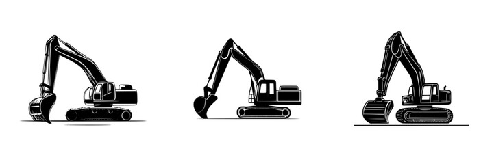 Excavator machinery icons in flat black design showcasing three different bucket styles for construction activities