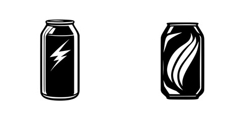 Flat black icons of beverage cans featuring lightning bolt and wave designs representing energy and refreshment