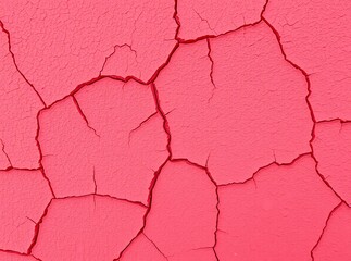 Close-up of cracked pink paint texture on wall surface showing dry and weathered pattern
