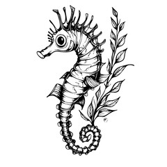 Flat black icon depicting a seahorse intertwined with aquatic plants in a minimalist style