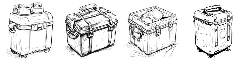 Various styles of insulated transport containers designed for food and beverage storage for outdoor activities