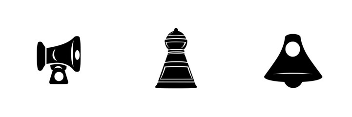 Flat black icons depicting a megaphone, chess piece, and bell representing communication and strategy concepts