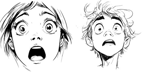 Expressive flat black icon depicting awe and surprise in illustrative art style featuring two characters with wide eyes