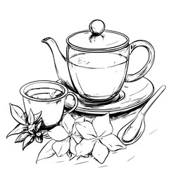 Elegant flat black icon of a teapot, cup, and flowers with a serene, minimalist design showcasing a calming tea experience