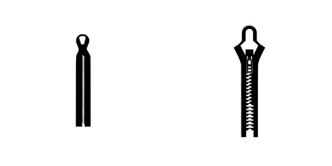 Flat black icon depicting two different styles of zippers on a clean white background for design or educational use