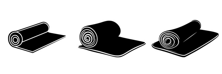 Icon set depicting rolled mats in flat black style with various designs suitable for diverse applications