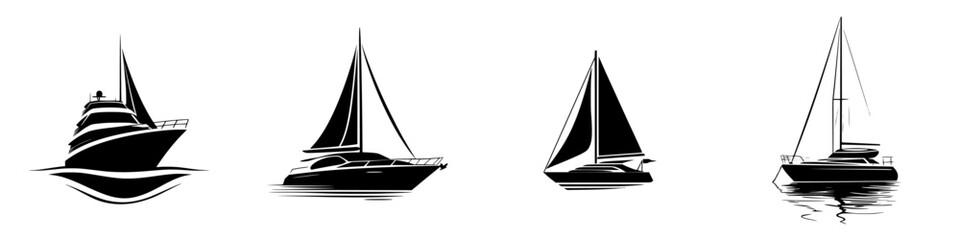 Elegant black icons of various sailing boats displayed in a minimalistic style on a white background